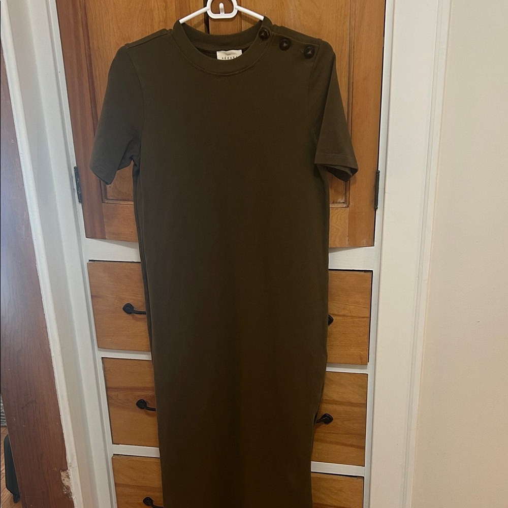 Sézane Olive Green Button-Shoulder Midi Dress